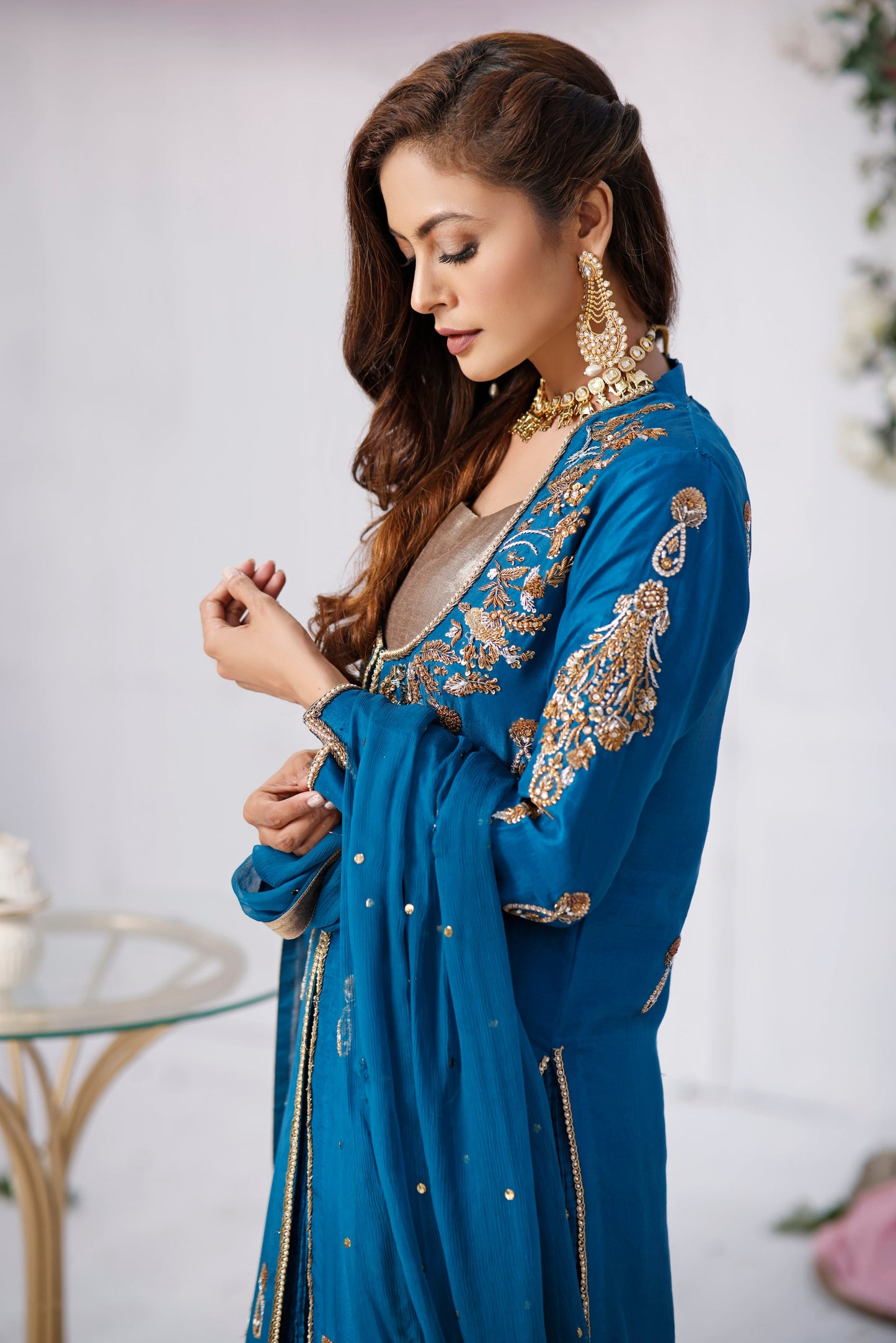 Teal Heavy Jacket with Crushed Lehnga