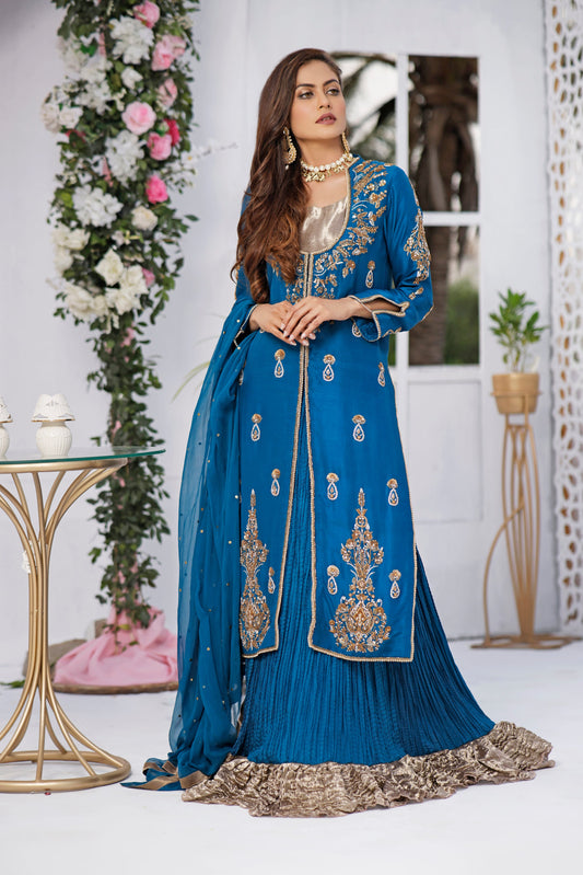 Teal Heavy Jacket with Crushed Lehnga