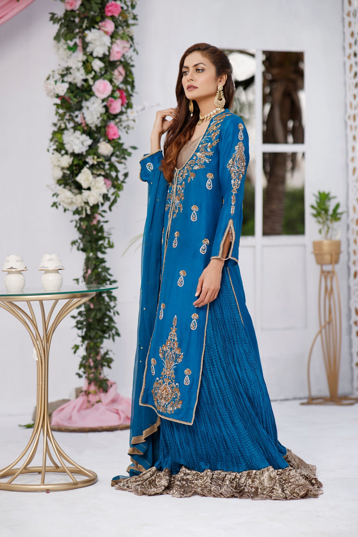 Teal Heavy Jacket with Crushed Lehnga