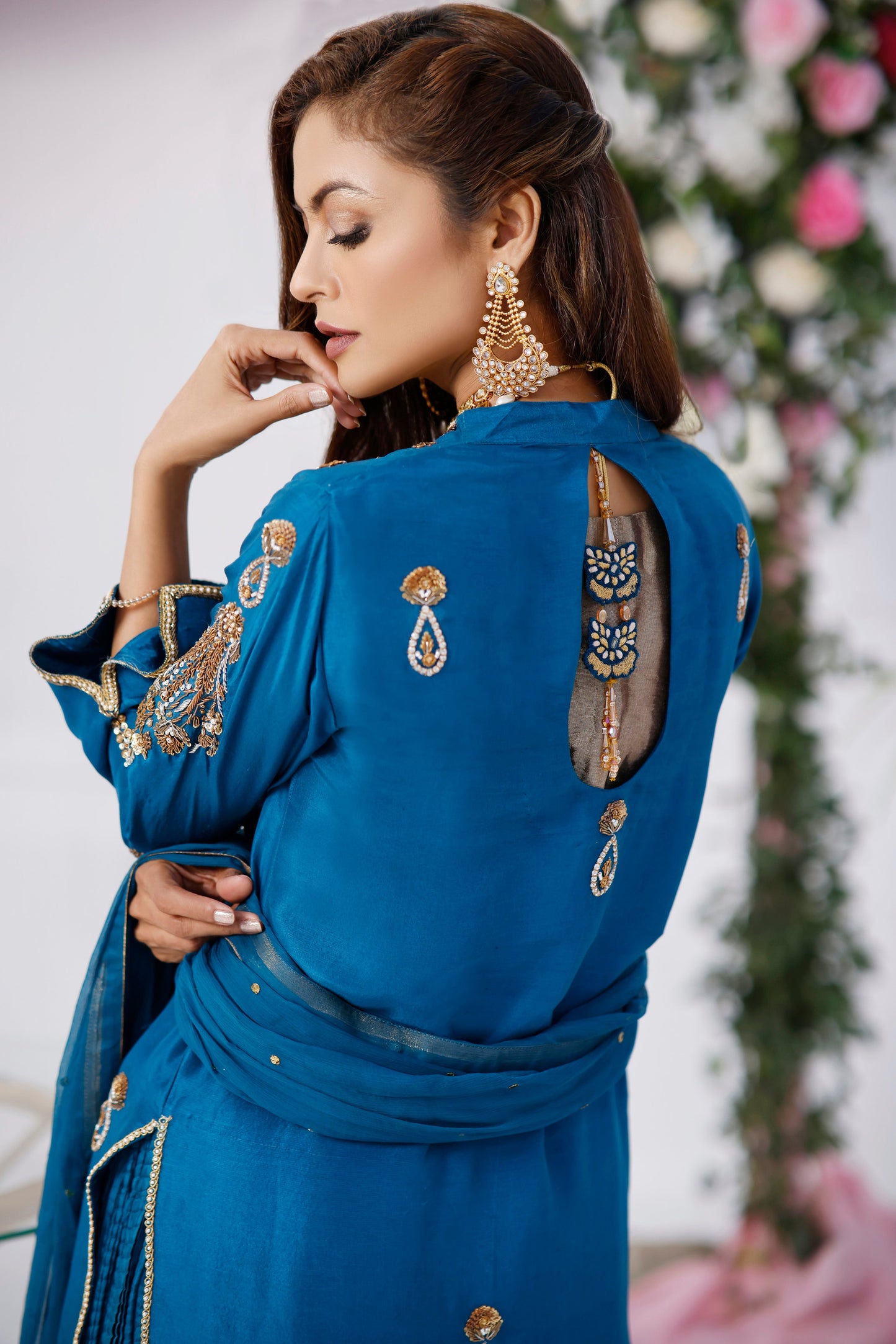 Teal Heavy Jacket with Crushed Lehnga